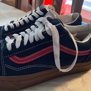 Vans Low-Top Canvas Sneakers in Navy with Red Stripe and Gum Sole